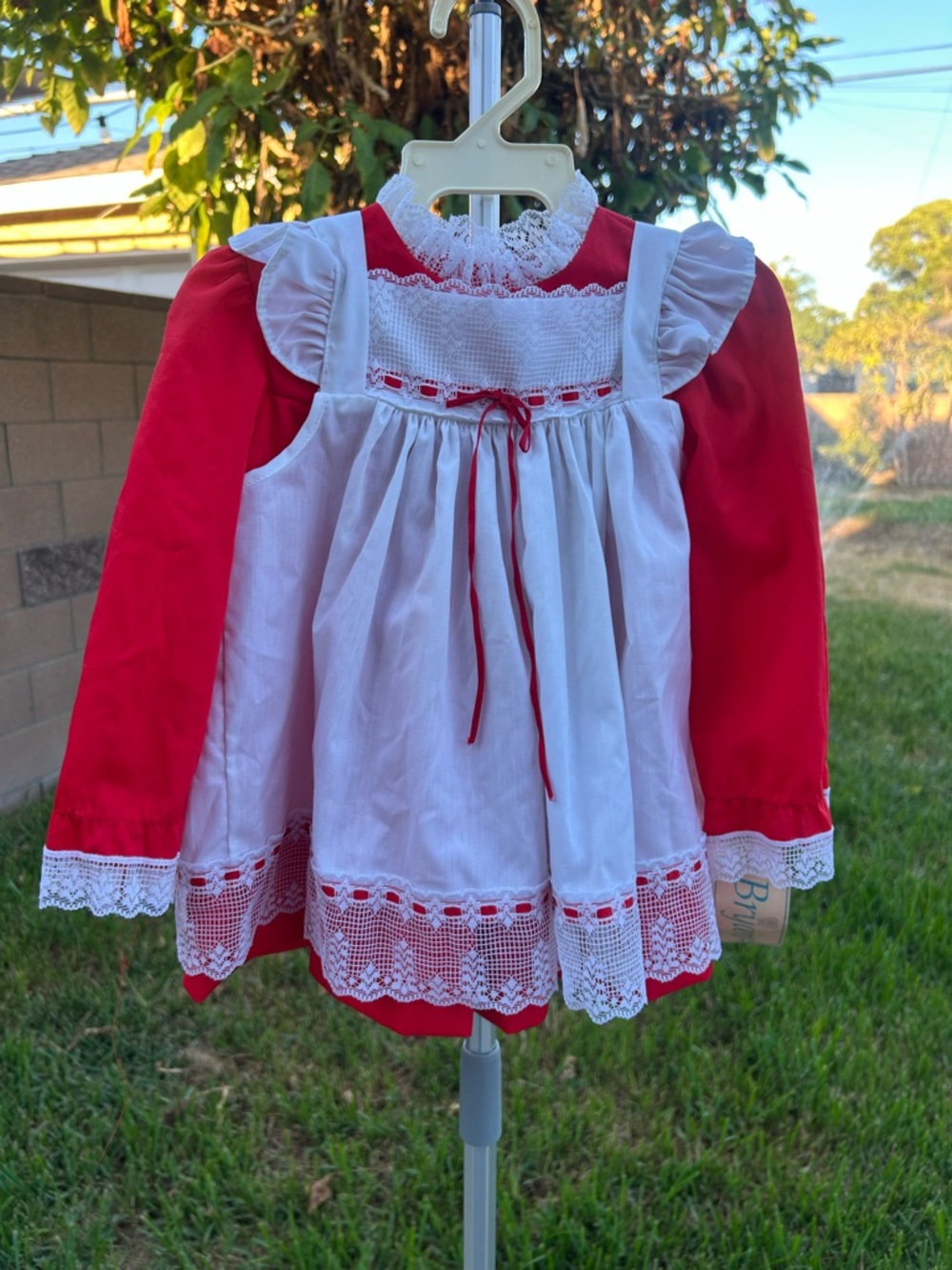 Vtg Bryan new with tag Red and White Lace-Trim Girls' Pinafore Dress